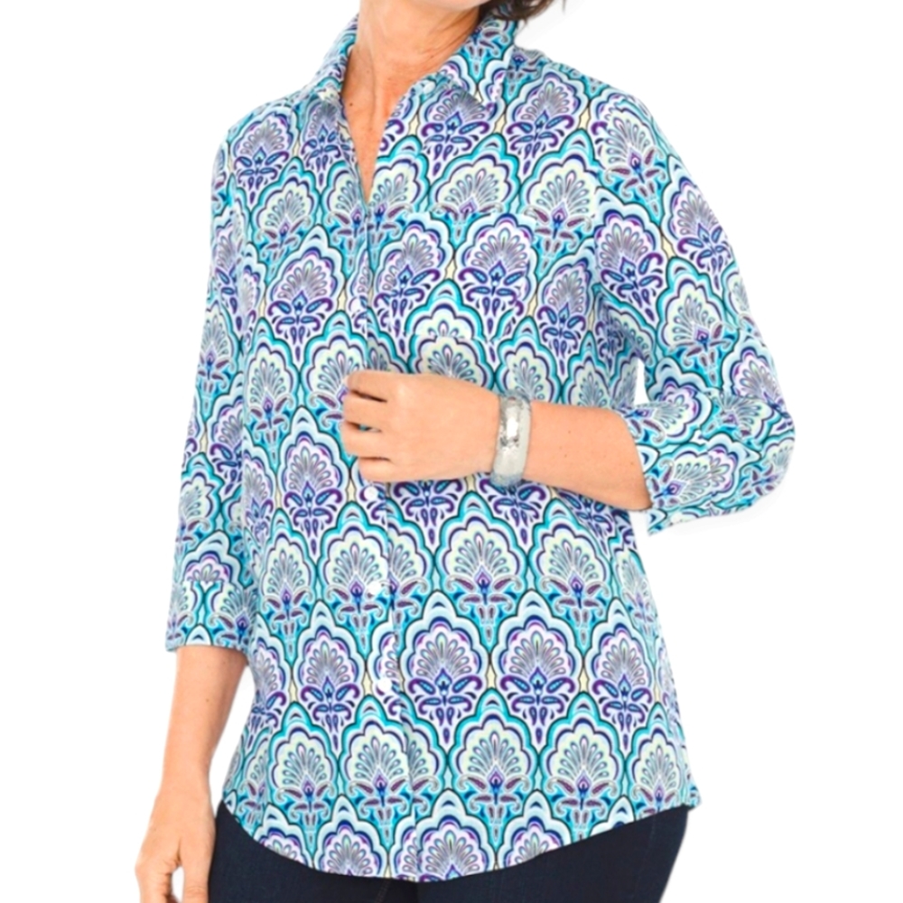 NWOT Chicos blue white pink purple scallop print linen blouse top Womens Large